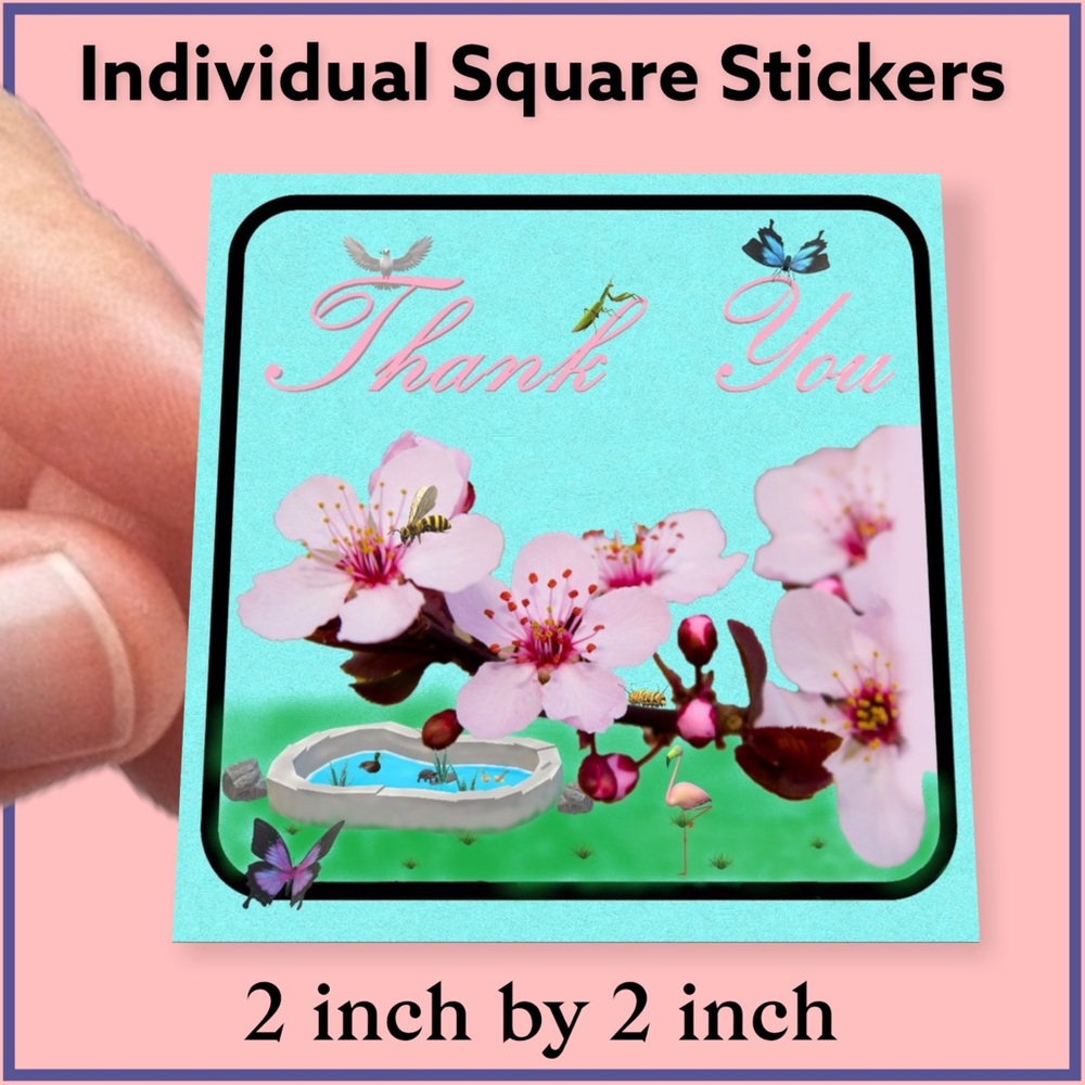 100 (2x2 Inch) Square Stickers, Cherry Blossom Butterfly High Gloss, Thank You - Picture 2 of 3